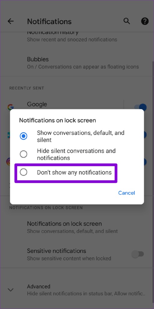 گزینه Don’t show any notifications را انتخاب نمایید